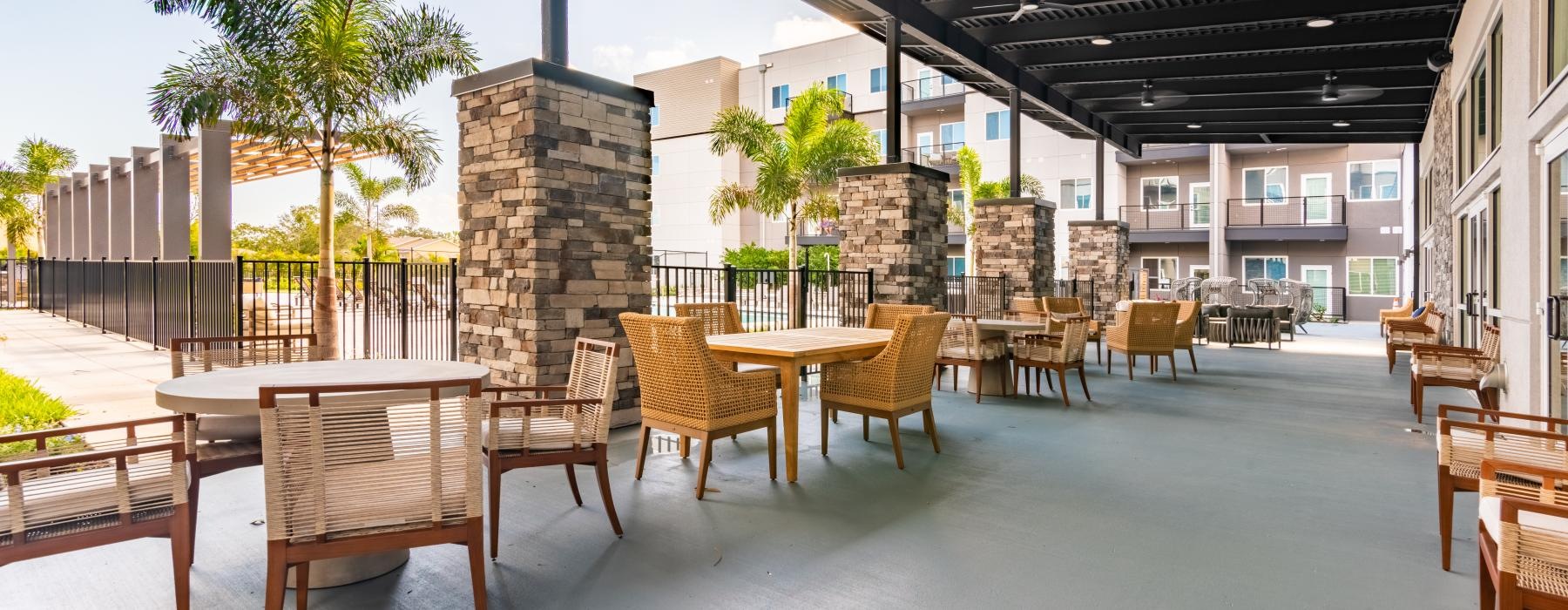 a patio with tables and chairs